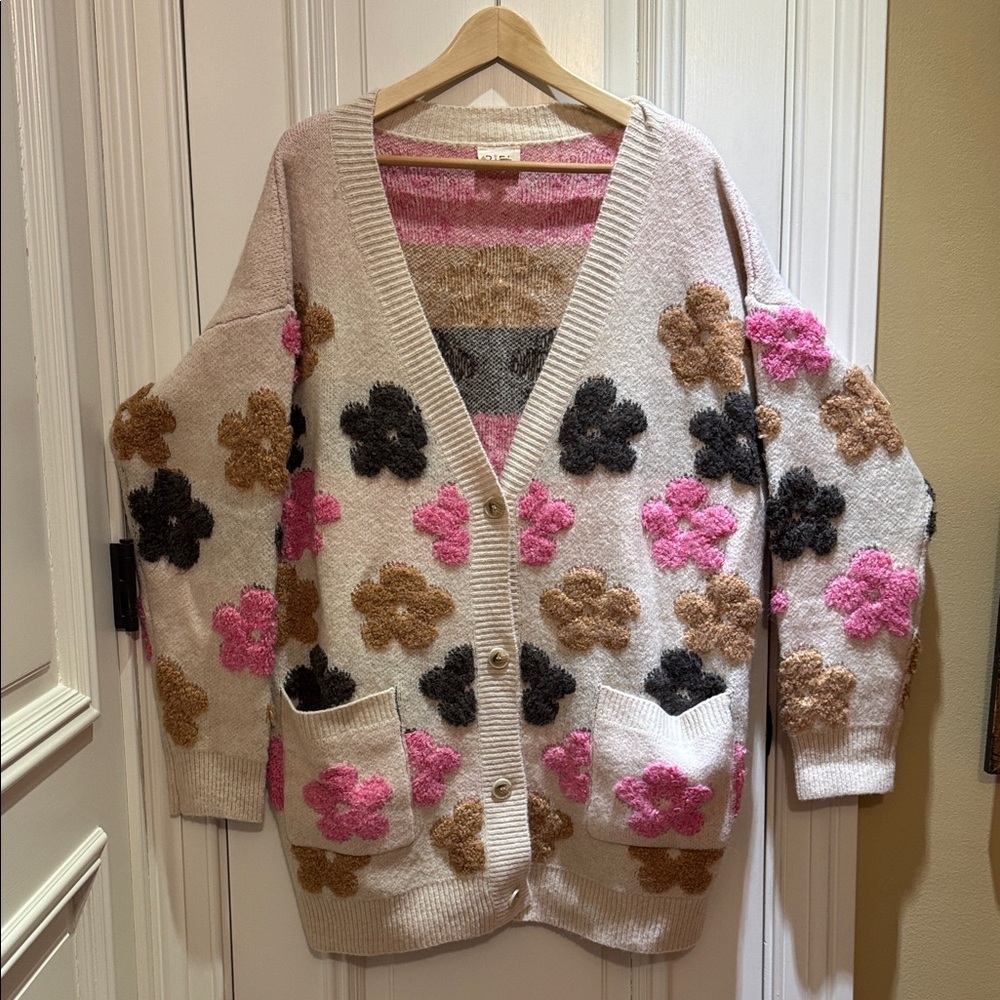 BiBi Fuzzy Textured Relaxed Cozy Cardigan in Cream, Pink, Grey -NWOT-Sz XL